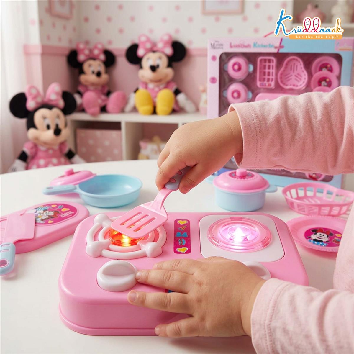 Kriiddaank Minnie Mouse Theme Little Chef's Kitchen Set for Girls - 16 Pcs Pretend Play Cooking Toy with Lights & Sound Effects, Portable Interactive Kitchen Playset for Kids Age 3+ Years (Pink)