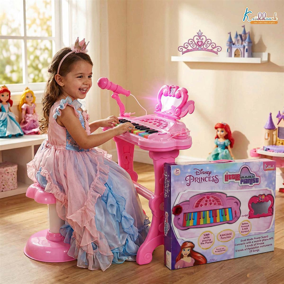 Disney Princess Little Pianist Keyboard Toy with Microphone & Stool - Karaoke Function, 25 Built-in Tunes, Dual Power Mode (USB/Battery) - Pink Musical Educational Gift for Girls Ages 3+