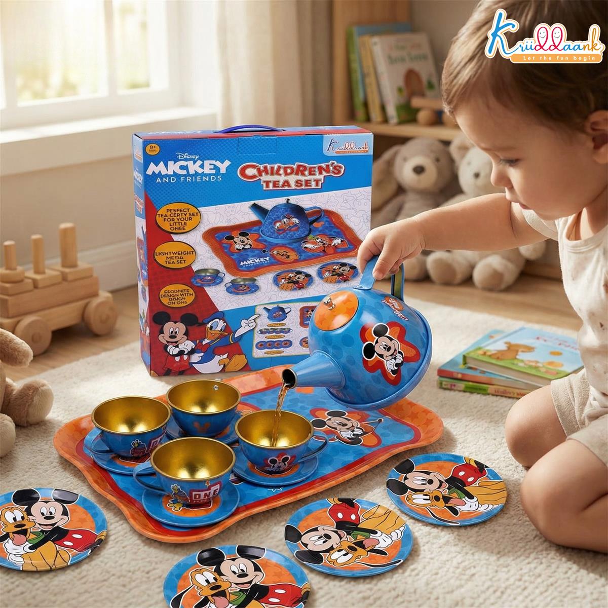 Disney Mickey 14-Piece Childrenâ€™s Tin Tea Set - Junior Pretend & Play Kitchen Toy for Kids 3+ Years Old - Includes Cups, Saucers, Tray & Coasters - Durable Metal Play Set for Boys & Girls