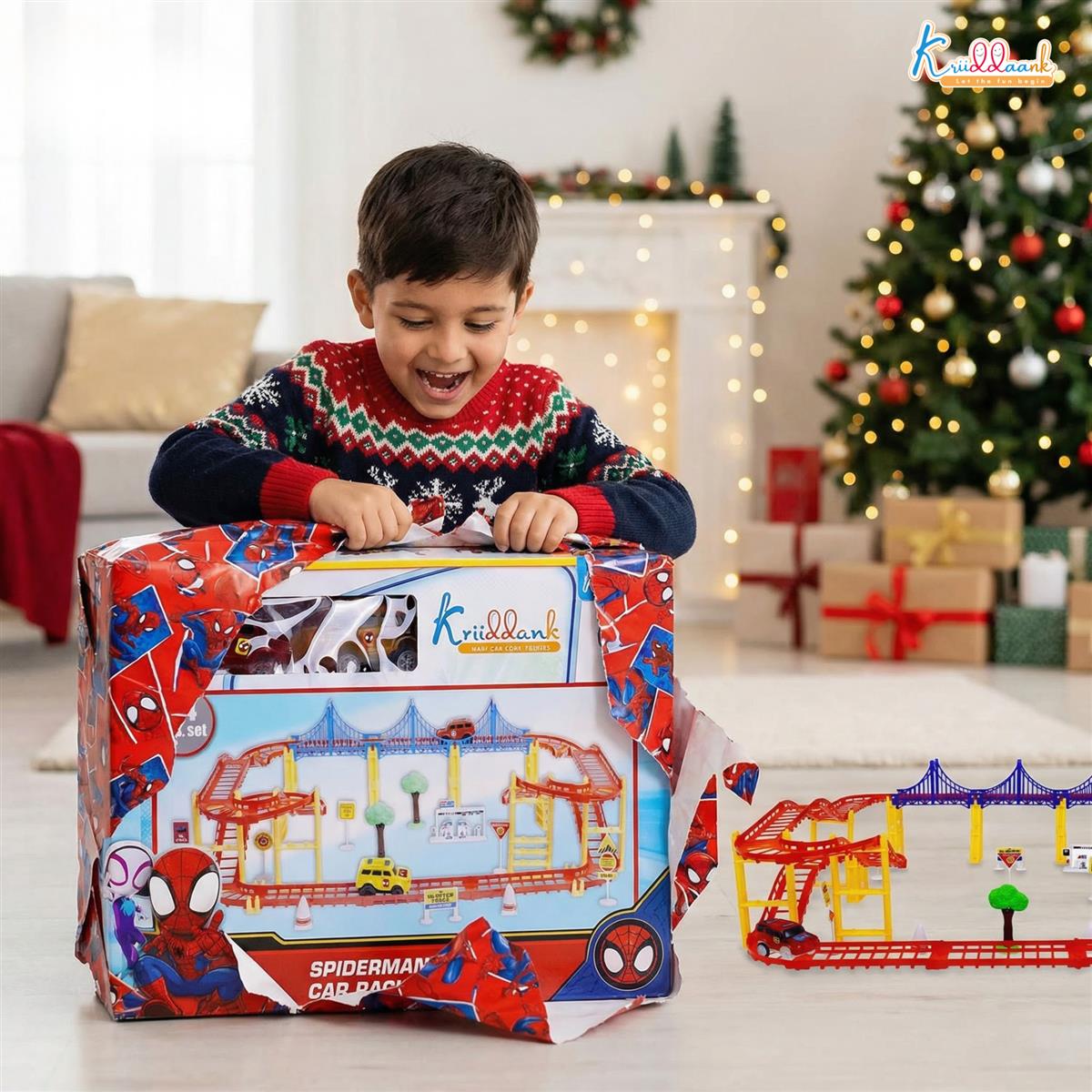 Spiderman Marvel Collectible Race Track Set for Kids - 86 Pieces DIY Racing Track with 2 Diecast Metal Toy Cars, Battery Operated Action Playset, Superhero Gifts for Boys Age 3+