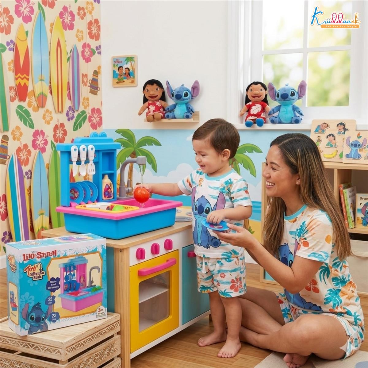Stitch Toy Kitchen Sink Playset with Electric Faucet & Running Water - 22 Pcs Pretend Play Dish Washing Set for Kids, Kitchen Accessories, Realistic Role Play Toy for Boys & Girls 3+ Years