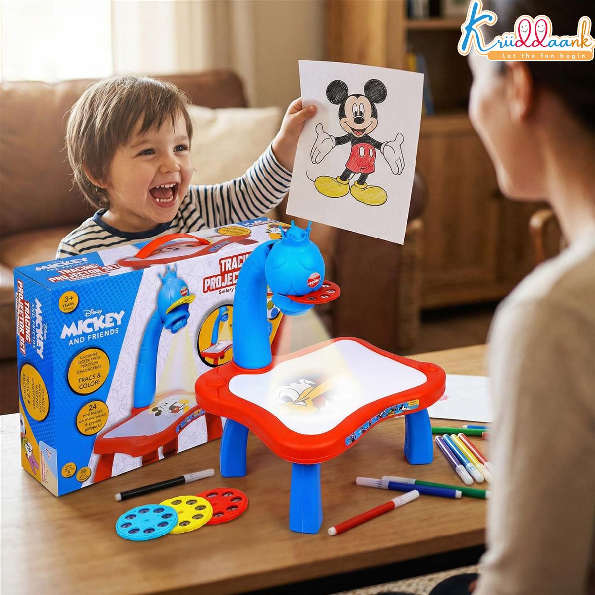 Kriiddaank Mickey Mouse Tracing Projector for Kids - Complete Drawing Set with 24 Patterns, 3 Slide Discs, Markers & Paper - Educational Art & Craft Toy for Boys & Girls Ages 3+ (Red)