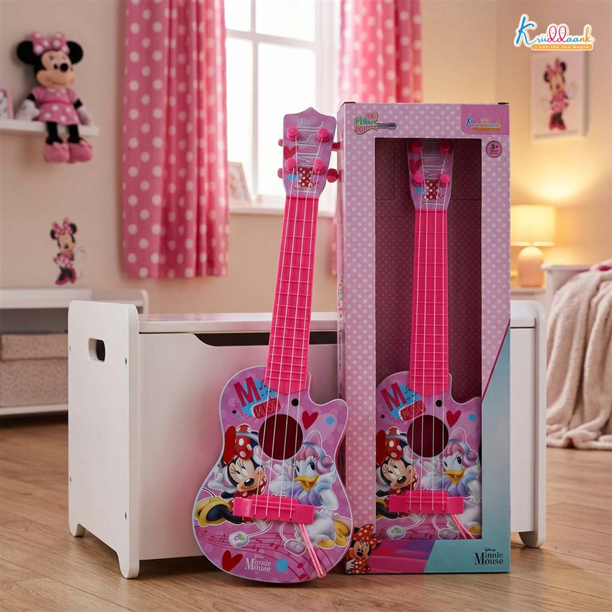 Minnie Mouse Theme 4-String Toy Guitar for Girls - Lightweight & Durable Educational Musical Instrument for Toddlers - Pink Disney Character Guitar for Kids Ages 3+, 43cm