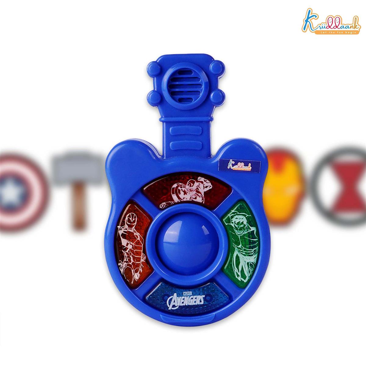 Marvel Avengers Theme Mini Guitar Music Set for Kids - Pocket Sized Musical Toy with 4 Interactive Sound Buttons & Lights, Educational Superhero Toy for Boys & Girls Ages 3+, Red & Durable