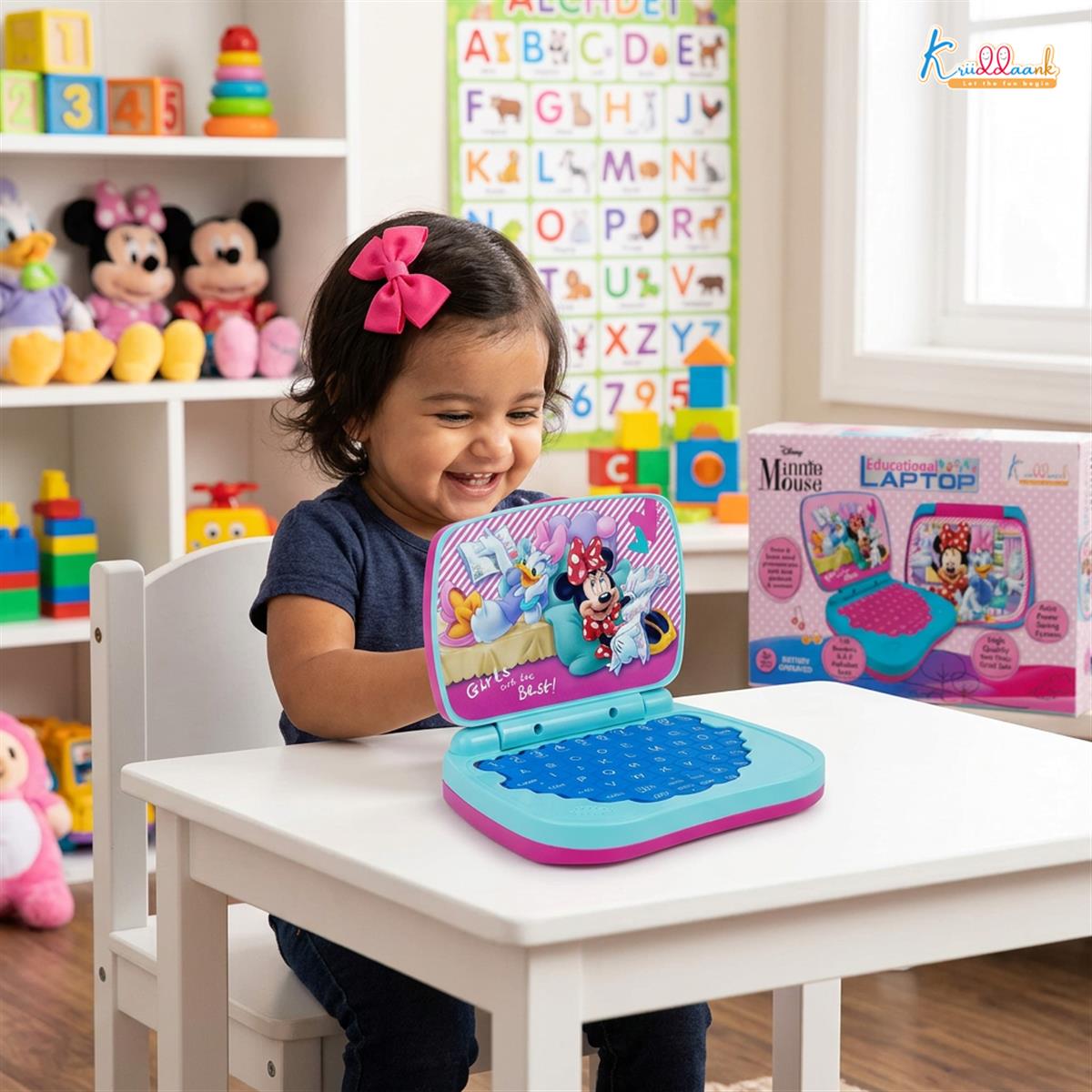 LTW Minnie Mouse Theme Educational Laptop for Kids - Interactive Screen-Free Learning Toy for Alphabets, Numbers & Word Pronunciation - Musical Preschool Toy for Ages 3+ (Pink)