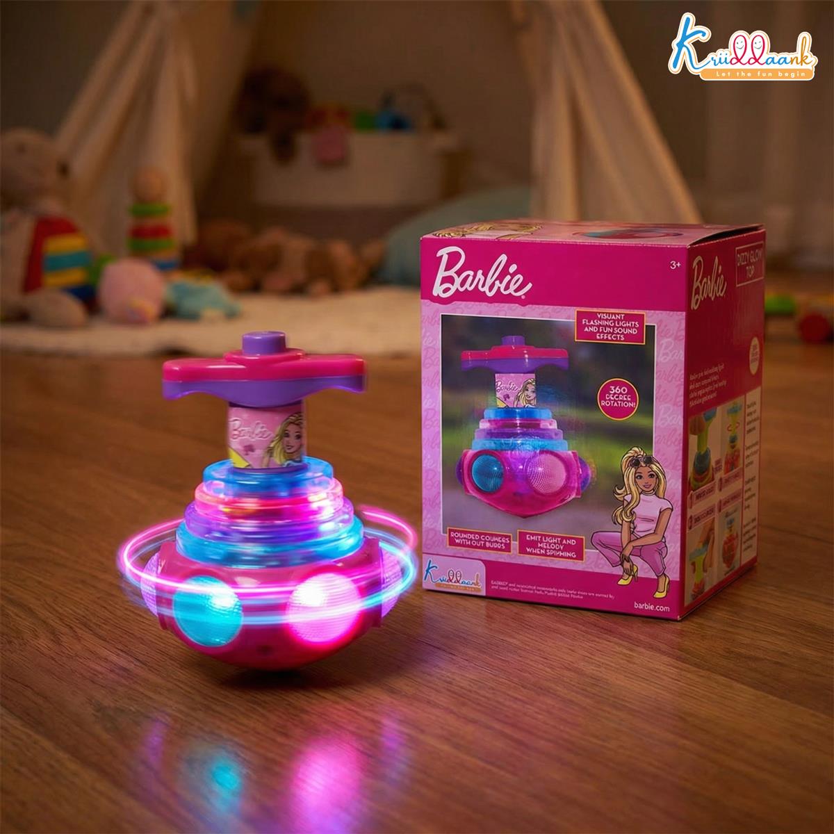 Dizzy Glow Top Barbie - Musical Spinning Top Toy with 360 Degree Rotation, Vibrant Flashing Lights & Sound Effects, Child-Safe Pink Battery Operated Toy for Kids 3+ Years Old