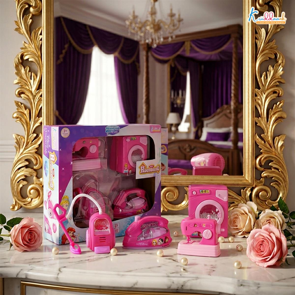 Disney Princess Theme 4pc Household Role Play Set - Includes Toy Washing Machine, Vacuum Cleaner, Iron & Hair Dryer - Educational & Fun Pretend Play Home Decoration Kit for Kids Ages 3+