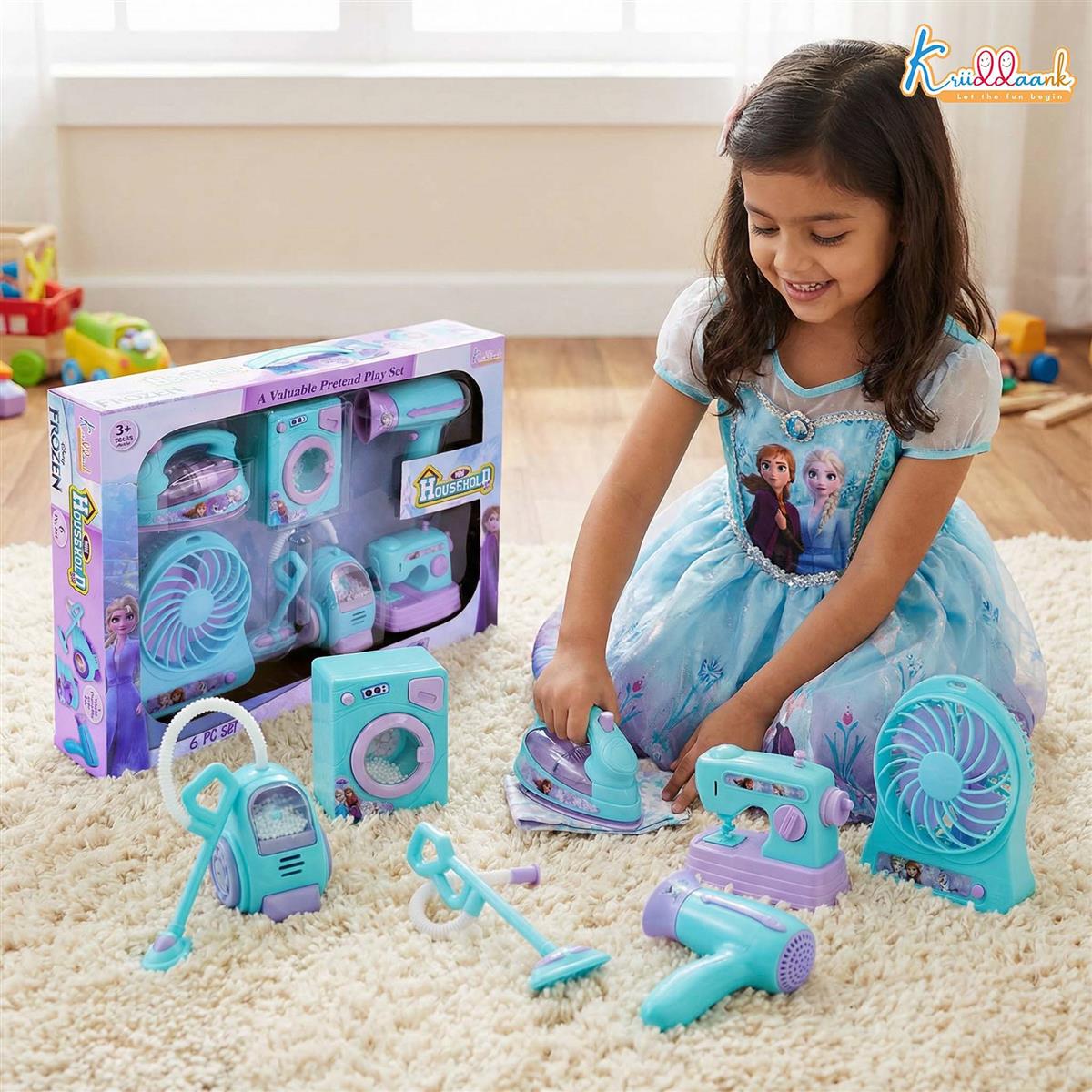 Frozen Theme Household 6pc Role Play Home Set - Battery Operated Kids Home Appliances with Washing Machine, Vacuum Cleaner, Sewing Machine & Fan - Educational Toy Gift for Kids 3+ Years (Multicolor)