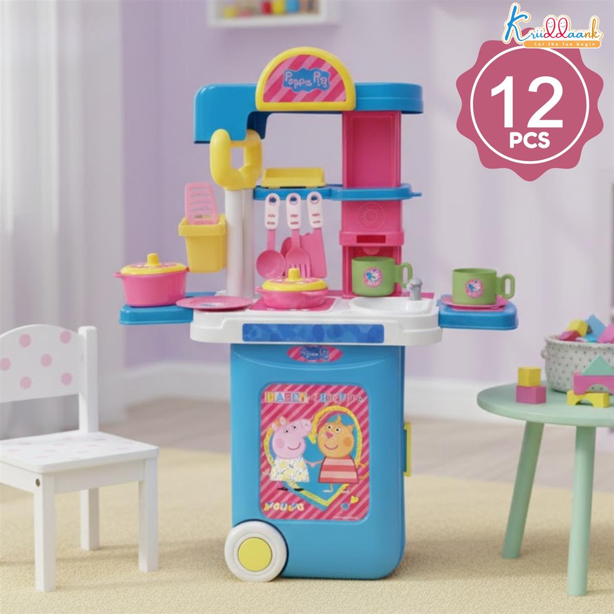 Kriiddaank Peppa Pig Kitchen Set for Girls - 2-in-1 Portable Trolley & Chef Playset with 20+ Accessories, Music & Lights - Educational Pretend Play Cooking Toy for Kids 3+ Years (Pink)