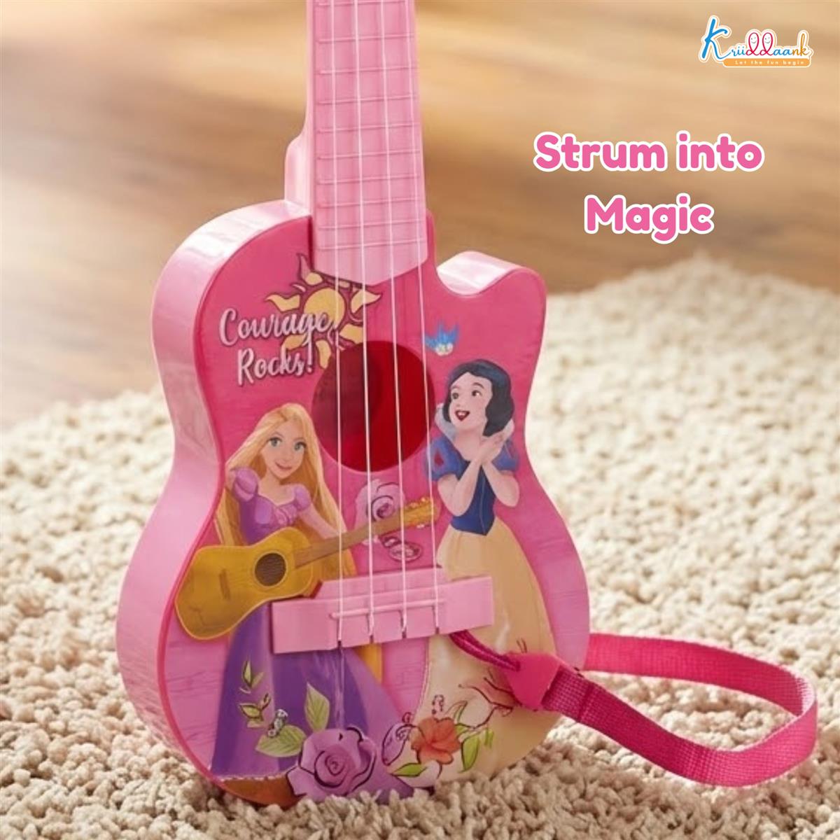 Disney Princess Theme 4-String Toy Guitar for Girls - Small Educational Musical Instrument for Kids Age 3+ - Lightweight & Safe Design - Ideal Birthday Gift for Aspiring Musicians