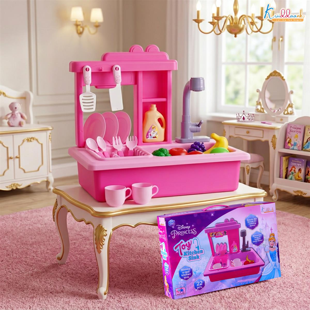 Kriiddaank Disney Princess Kitchen Toy Set for Girls with Running Water Sink, Electronic Kettle with Light & Sounds, 22-Piece Pretend Play Cooking & Baking Playset, Educational Toy for Kids 3+