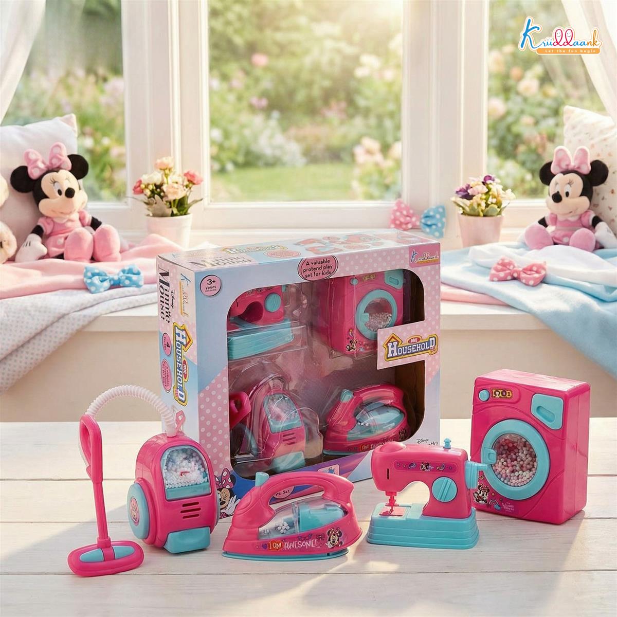 Minnie Mouse Theme Household Role Play Set (4-Piece) - Toy Washing Machine, Vacuum Cleaner, Iron & Hair Dryer with Lights - Educational Pretend Play Gift for Girls 3+ Years Old