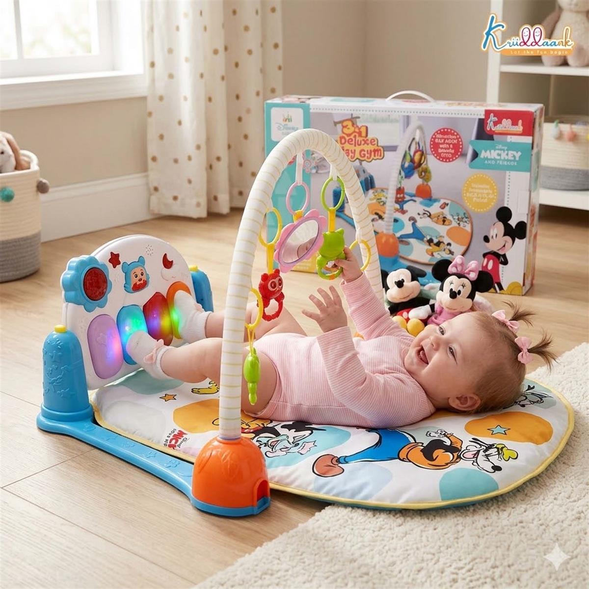 Mickey Theme Musical Baby Gym with Piano Keyboard, Lights & Hanging Rattles - Activity Play Mat for Infants & Toddlers (0-3 Years) - Extra Cushioned Tummy Time Mat for Boys & Girls