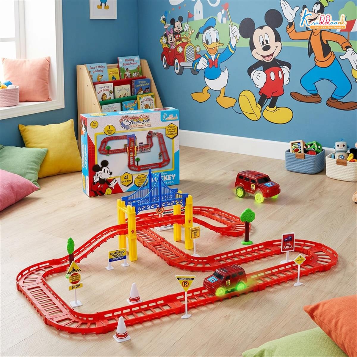 Disney Mickey Mini Track Small (41 Pcs) Racing Set - Battery Operated Car Track with Bridges, Roads & Signs - Educational Play Toy for Kids 3+ Years - Red/Multicolor Playset
