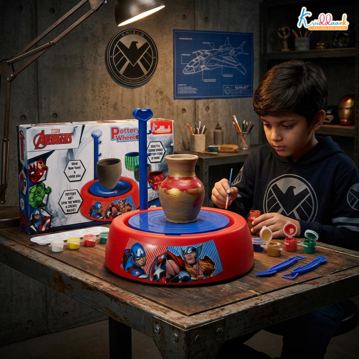 Marvel Avengers Theme Pottery Wheel - Superhero Clay Art & Craft Kit for Kids 8+ | DIY Pottery Studio with 800g Clay, Paints & Tools | Educational & Creative Birthday Gift | Non-Toxic & Safe