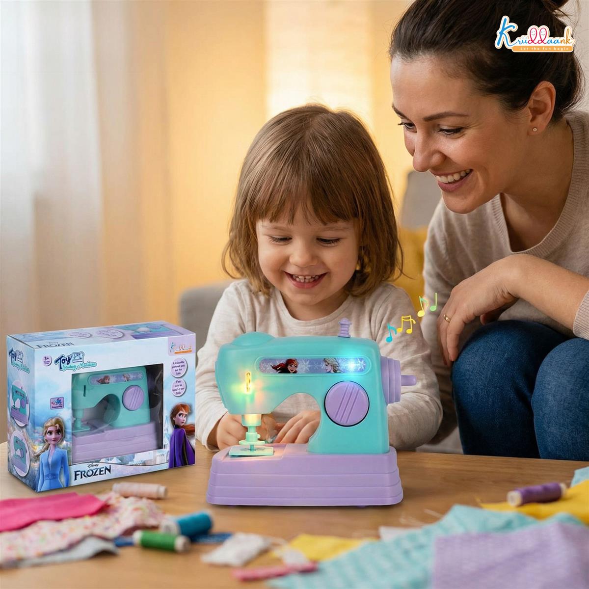 Kriiddaank Frozen Theme Mini Sewing Machine Toy for Kids - Battery Operated Pretend Play Home Appliance with Interactive Buttons, Educational Role Play Toy for Girls Ages 3+, Turkish Blue