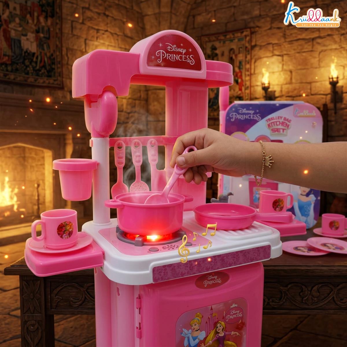 Kriiddaank Disney Princess Kitchen Set - 20 Pcs Portable Pretend Play Toy with Trolley Bag, Music & Lights, Cooking & Baking Playset for Girls Ages 3+, Pink