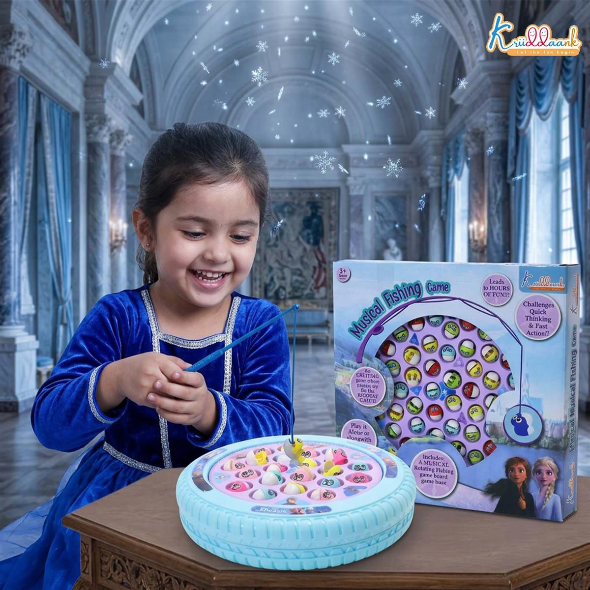 Kriiddaank Frozen Musical Fishing Game - Electronic Rotating Board with 45 Fishes & 4 Poles | Battery Operated Interactive Toy for Kids 3+ | Fun & Educational Multiplayer Game, Turkish Blue