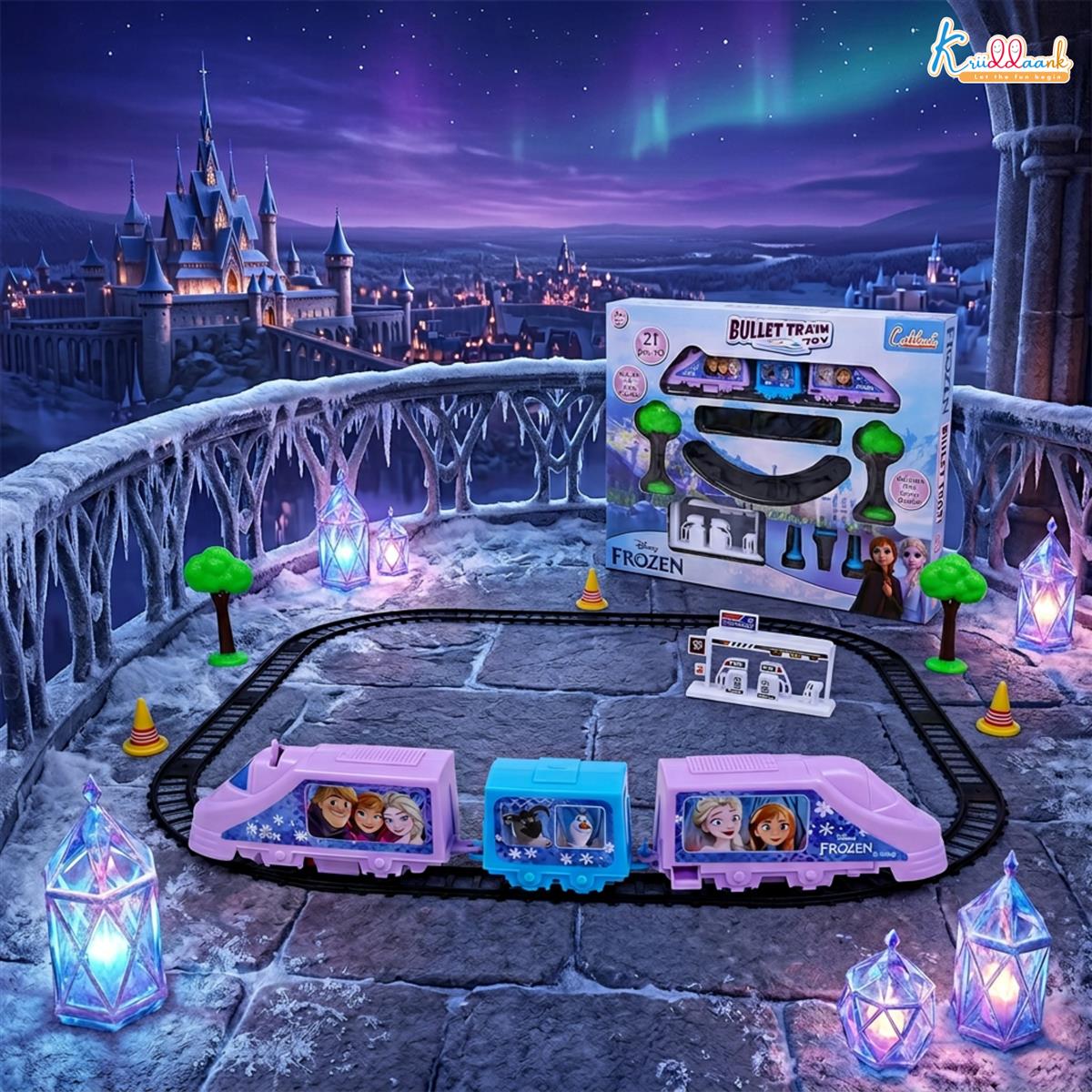 Kriiddaank Frozen Theme Train Set - Disney Elsa & Anna Battery Operated Toy Playset for Girls, 21 Pieces Easy-to-Assemble Tracks with Sound Effects, Educational Gift for Kids 3+ Years, Turkish Blue