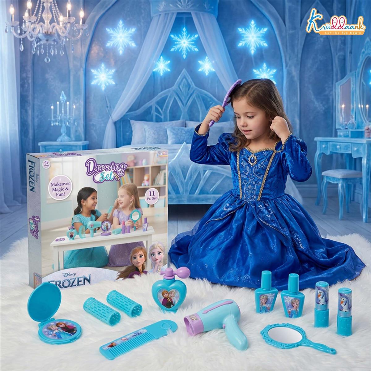 Kriiddaank Frozen Dressing Set for Kids - Non-Electronic Princess Makeup & Beauty Accessories Play Set, Styling Kit for Girls, Pretend Role Play Toy for Age 3+ Years, 11+ Pieces, Turkish Blue