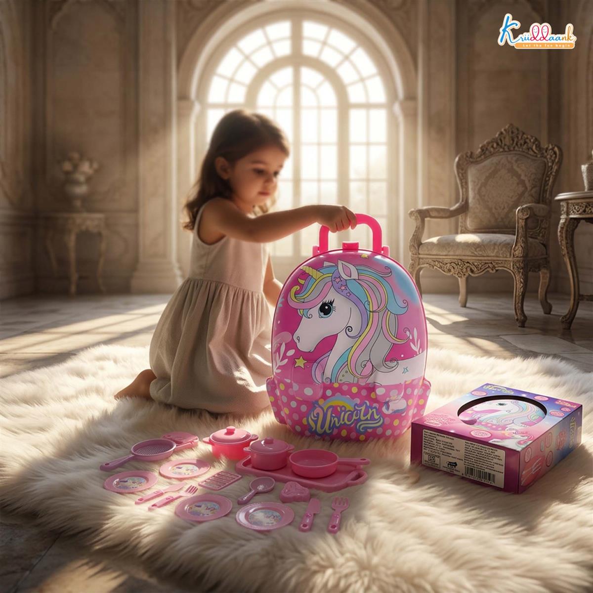Kriiddaank Unicorn Backpack Kitchen Set for Kids - 21 Pcs Pretend Play Cooking & Baking Toy with Music - Portable Chef Suitcase Gift for Girls & Boys Age 3+ - Educational Role Play Kitchen Kit