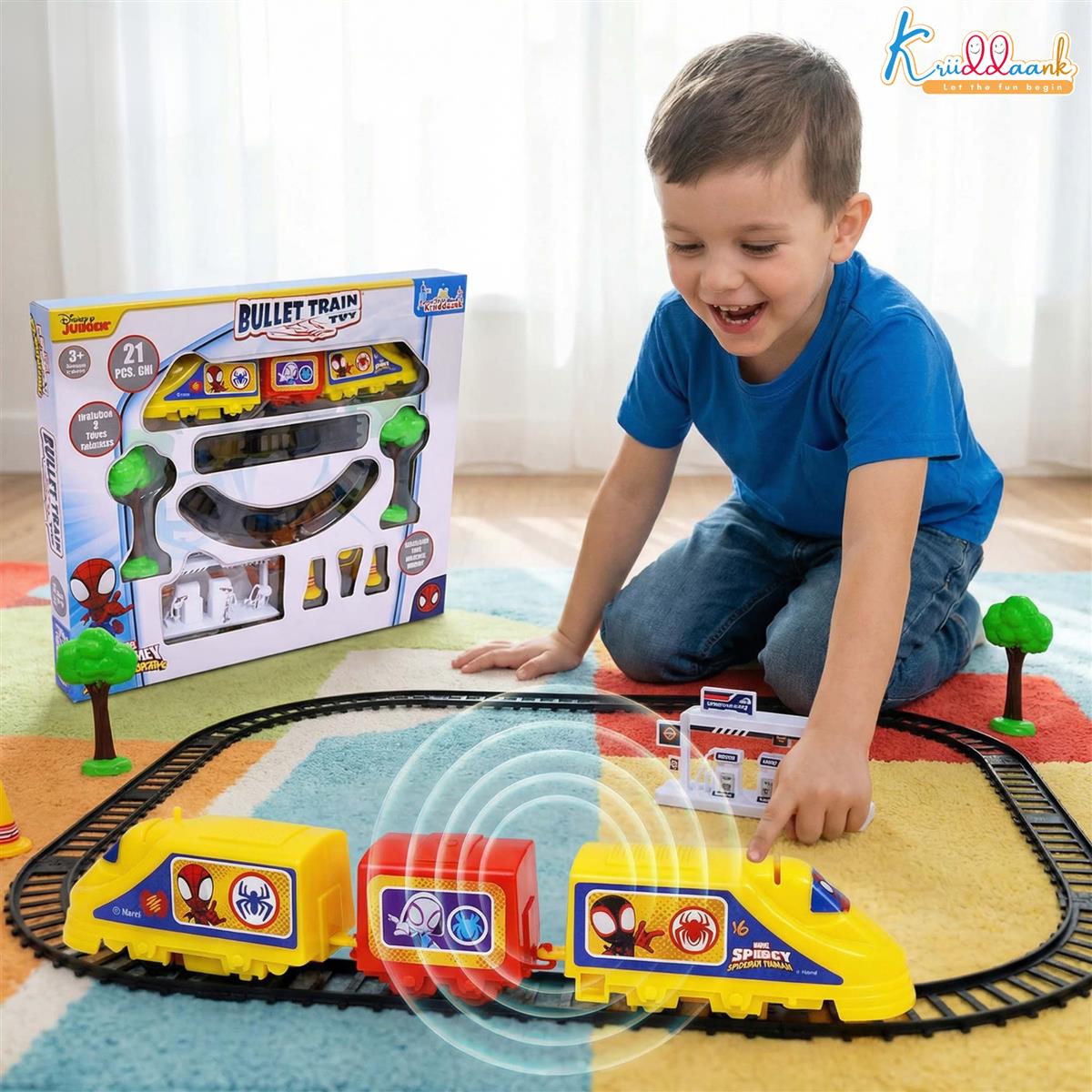 Kriiddaank Spiderman Bullet Train Set for Kids (Big) - 21 Pcs Easy-to-Assemble Tracks with Sound Effects - Educational Toy for Developing Motor Skills - Battery Operated Railway Set for Ages 3+