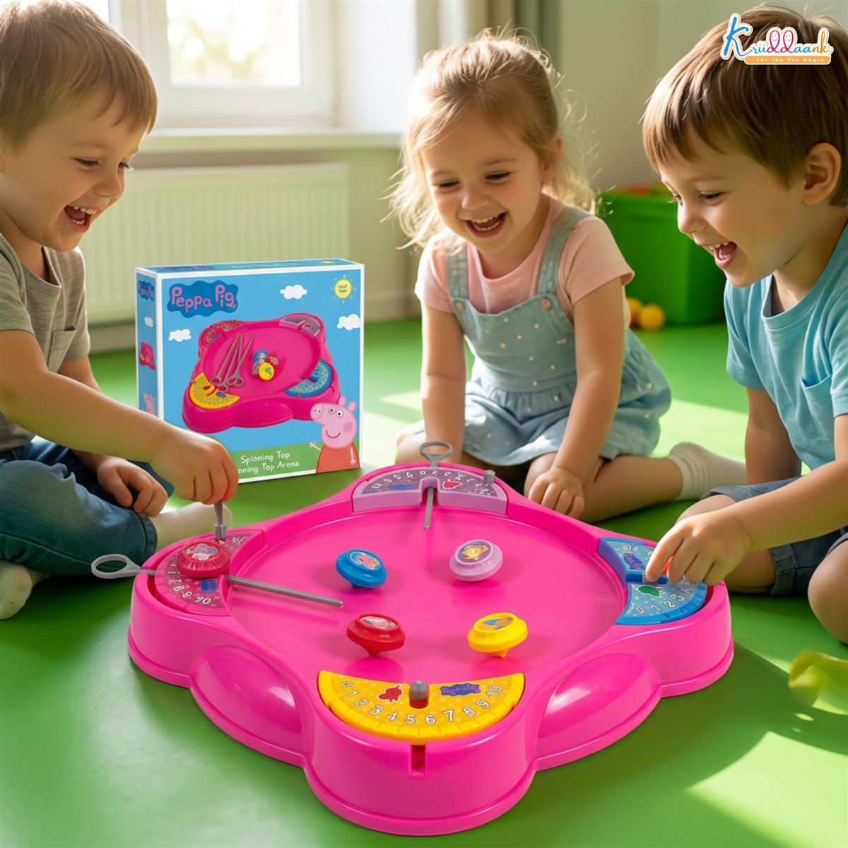 Kriiddaank Peppa Pig Theme Spinning Top Battel Game with Arena Base - Beyblade Style Battle Set for Kids 5+ Years - 4 Tops & Rip Cords - Multiplayer Educational Toy for Boys & Girls (Pink)