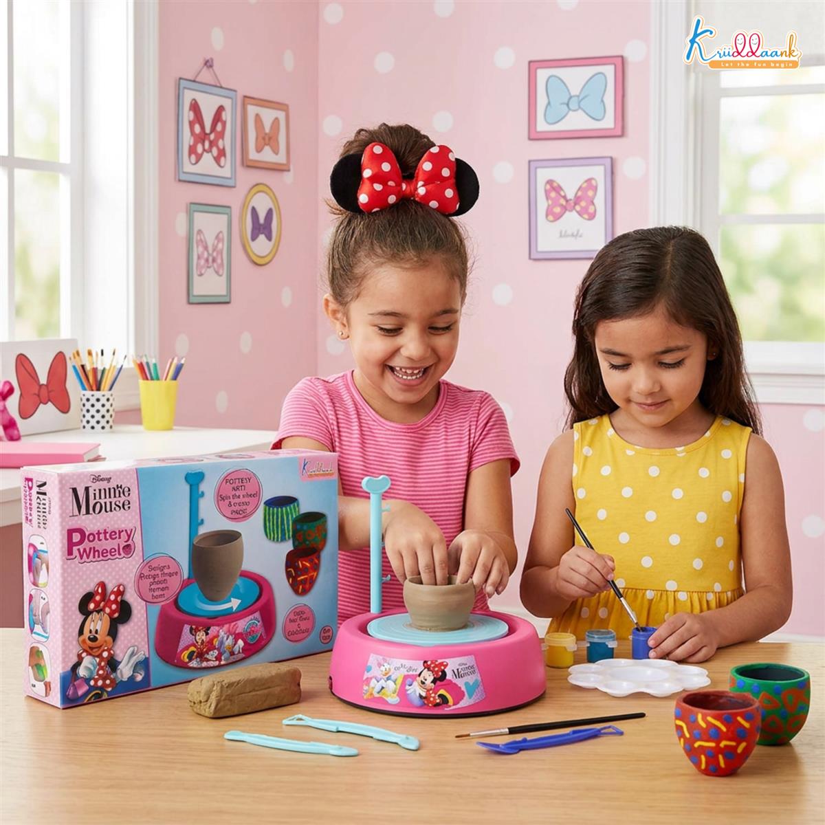 Minnie Pottery Wheel Modeling Set for Kids - Complete DIY Clay Sculpting Art & Craft Kit with 800g Clay, 6 Acrylic Paints & Tools - Educational Musical Toy for Girls Age 8+
