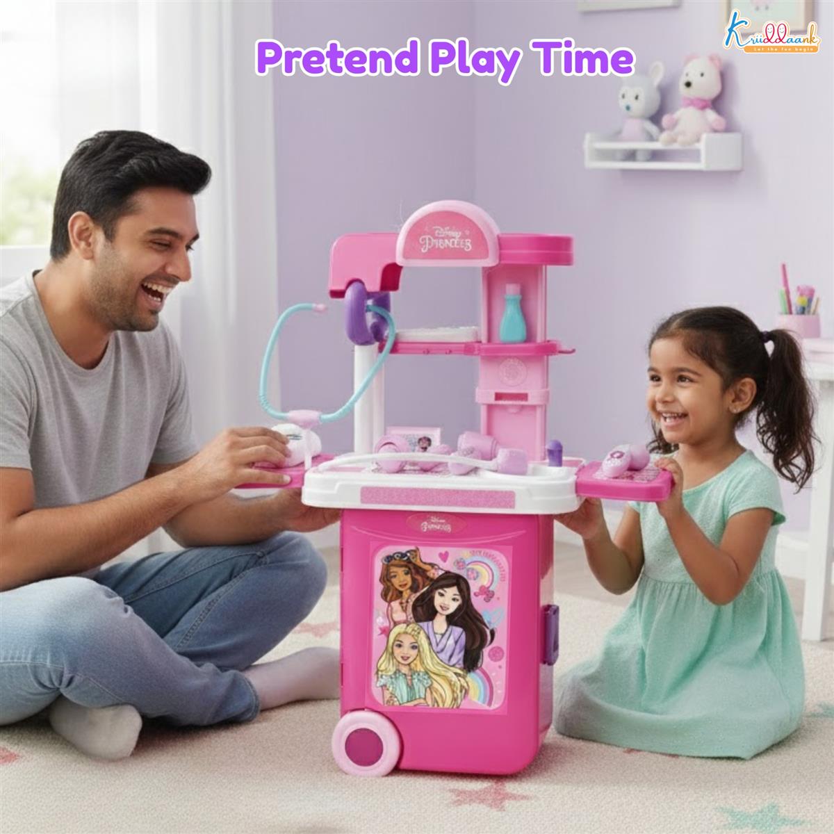 Kriiddaank Barbie Theme Doctor Set - Portable Medical Trolley Playset with Lights, 9-Piece Educational First Aid Kit for Kids 3+, Dreamhouse Role Play Toy, Best Birthday Gift for Girls - Pink