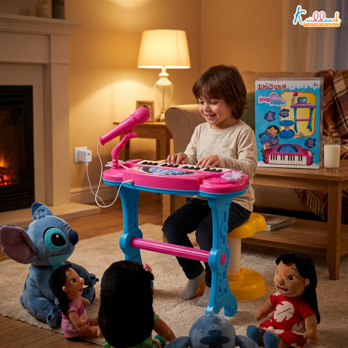 Disney Stitch Theme Little Pianist Keyboard Set for Kids - 25 Keys Piano with Microphone, Stool, & Dress-Up Accessories - Karaoke Function, USB/Battery Powered Musical Toy for Boys & Girls 3+