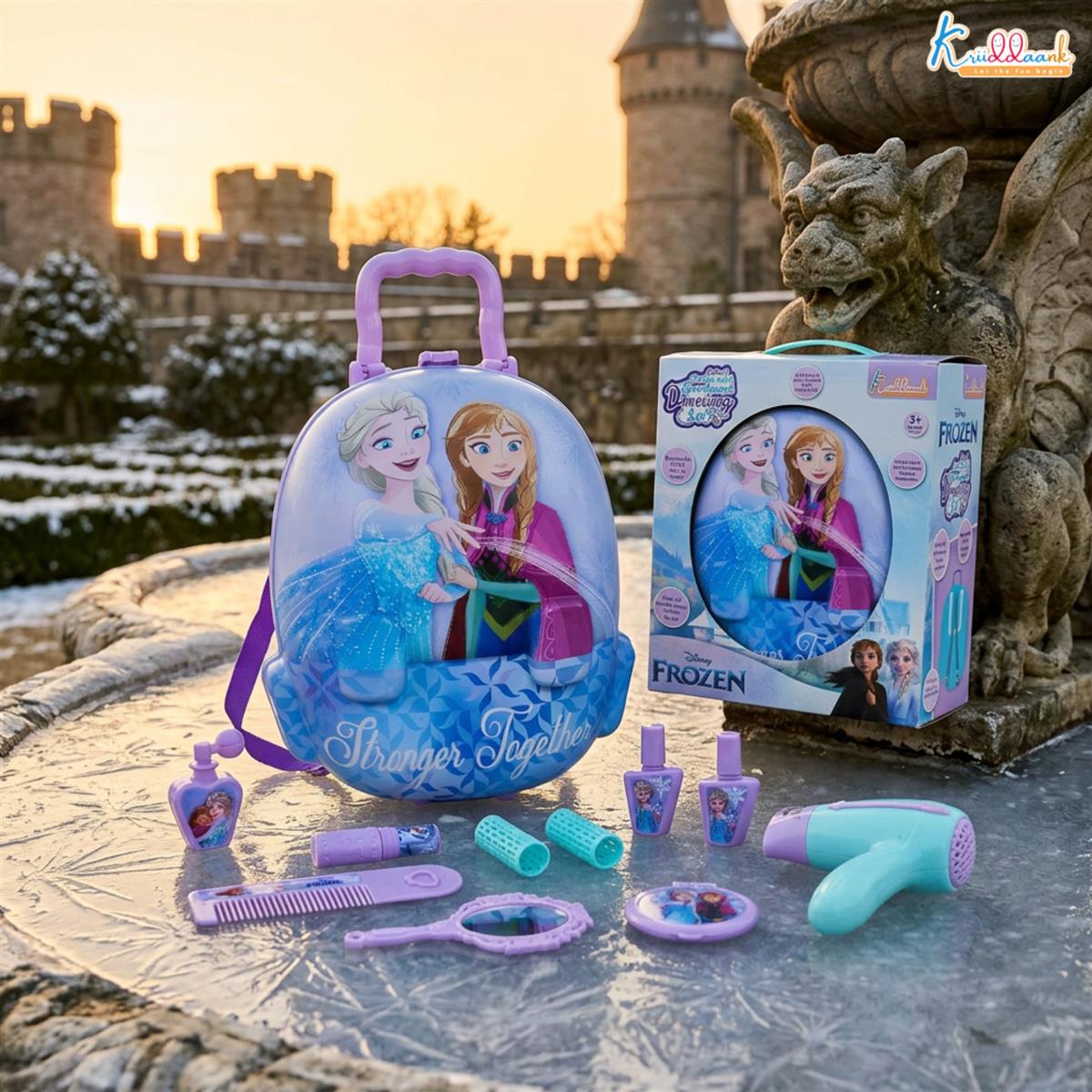 Frozen 2-in-1 Backpack & Trolley Dressing Gift Set for Kids - 13 Pcs Pretend Play Makeup Kit with Electronic Dryer, Portable Beauty Vanity Suitcase for Girls Aged 3+ Years (Turkish Blue)