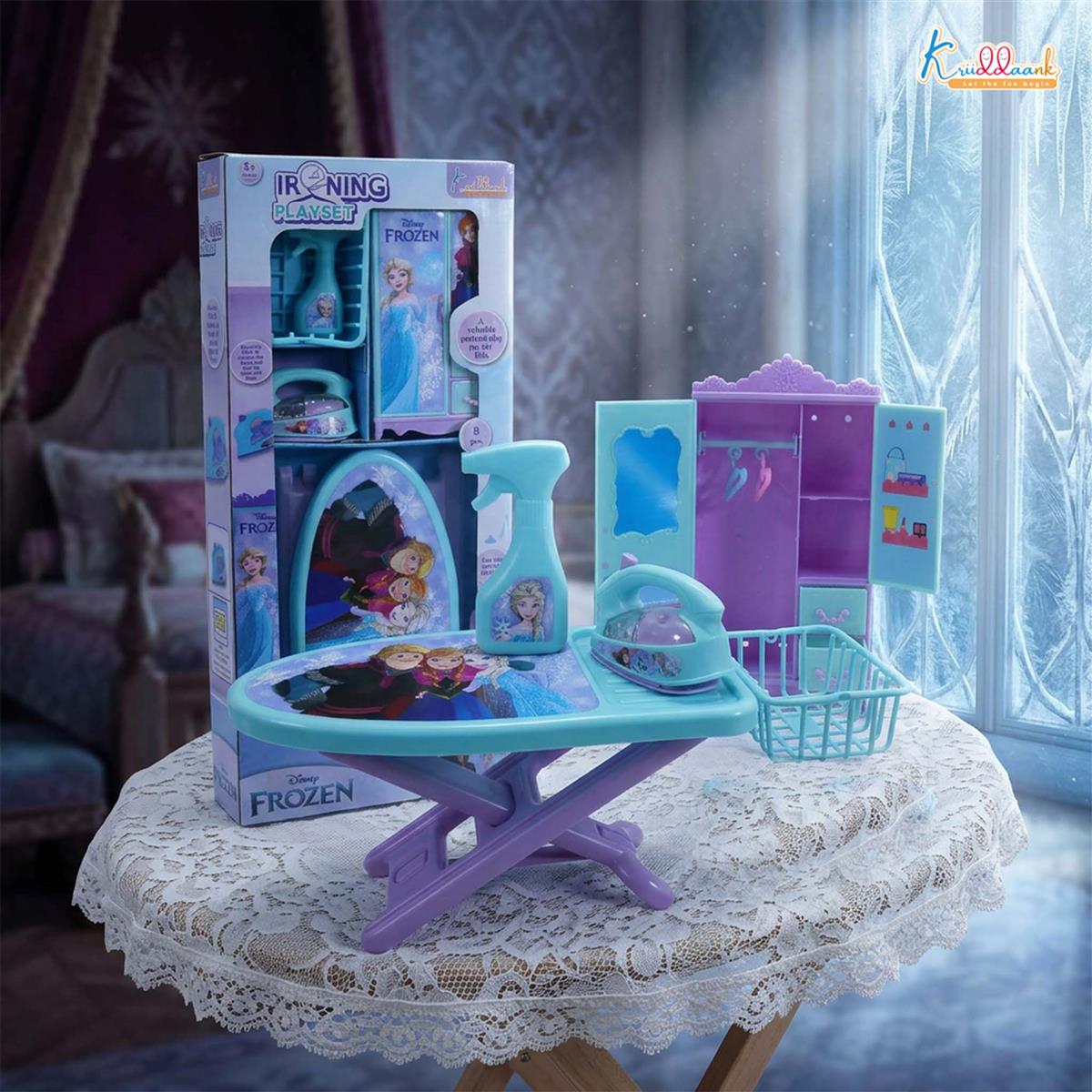 Frozen Portable Iron Playset with Elsa & Anna - 8-Piece Ironing Toy Set with Realistic Light, Sound & Accessories - Educational Pretend Play Household Toy for Kids & Toddlers 3+