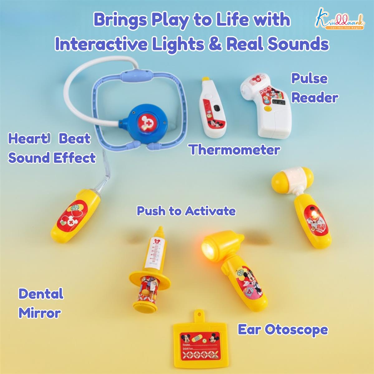 Disney Mickey Mouse Theme Doctor Set for Kids with Light & Sound Stethoscope - 8-Piece Medical Kit for Pretend Play, Educational Toy for Toddlers Aged 3+, Safe & Interactive Disney Toy