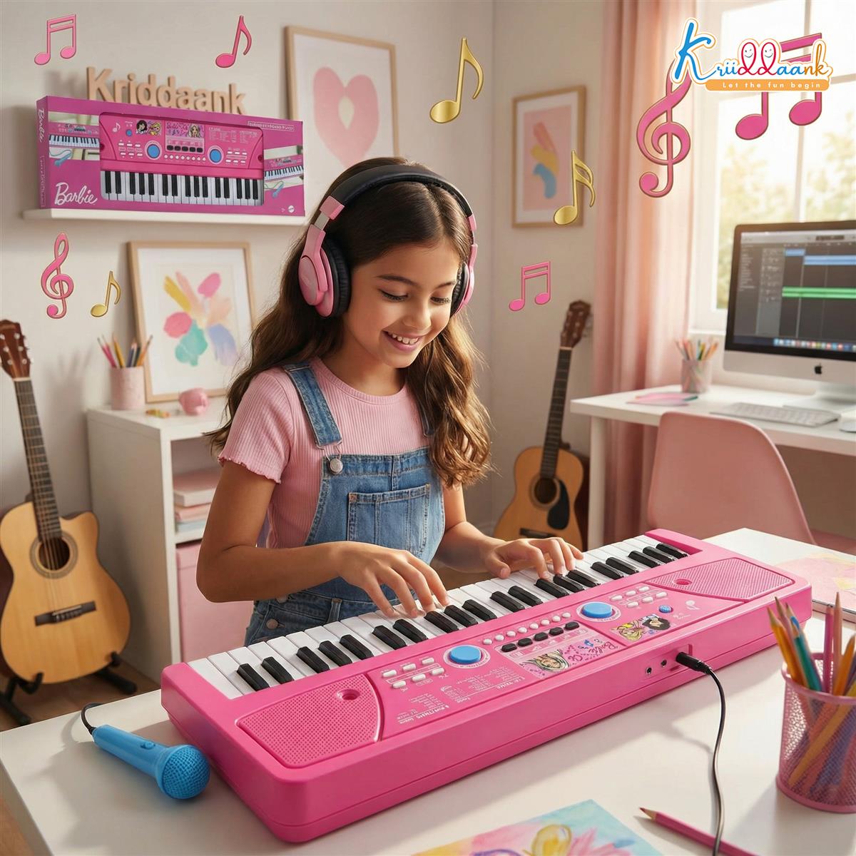 Barbie 50 Keys Musical Keyboard Piano for Kids with Microphone, 16 Rhythms, 8 Instrument Sounds, 16 Tones, Dual Power (USB/Battery), Learning & Educational Toy for Girls Age 3+, Pink
