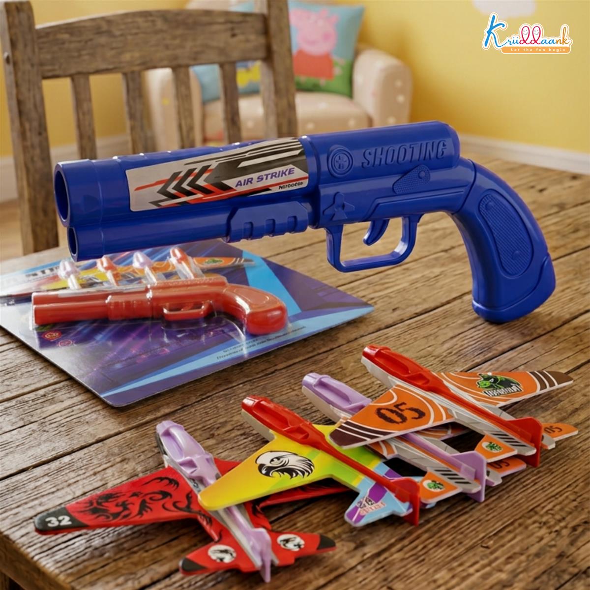 Kriiddank Soft Aircraft Launcher Toy - Includes 4 Foam Glider Planes - Blue Manual Catapult Gun for Kids 3+ Years - Safe & Educational Outdoor Flying Toy