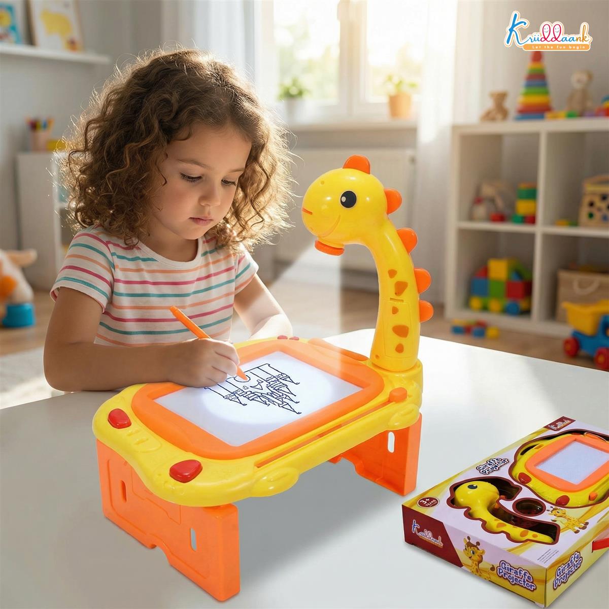 Kriiddank Giraffe Toy Projector Drawing Set for Kids - 2-in-1 Art Table & Writing Board with 24 Patterns, 3 Slides, Markers & Eraser - Educational Creative Tracing Toy for Boys & Girls 3+ Years