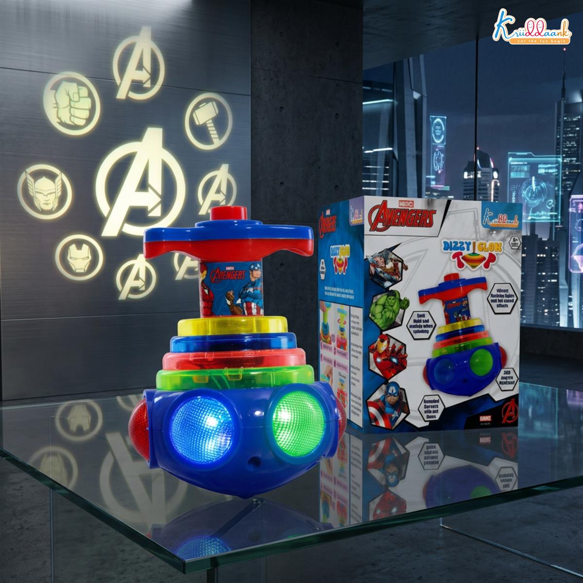 Avengers Dizzy Glow Top - LED Light Up & Musical Spinning Toy for Kids 3+ Years, 360 Degree Rotating Magic Spinner Lattoo with Flashing Lights & Sound, Marvel Avengers Theme, Battery Operated