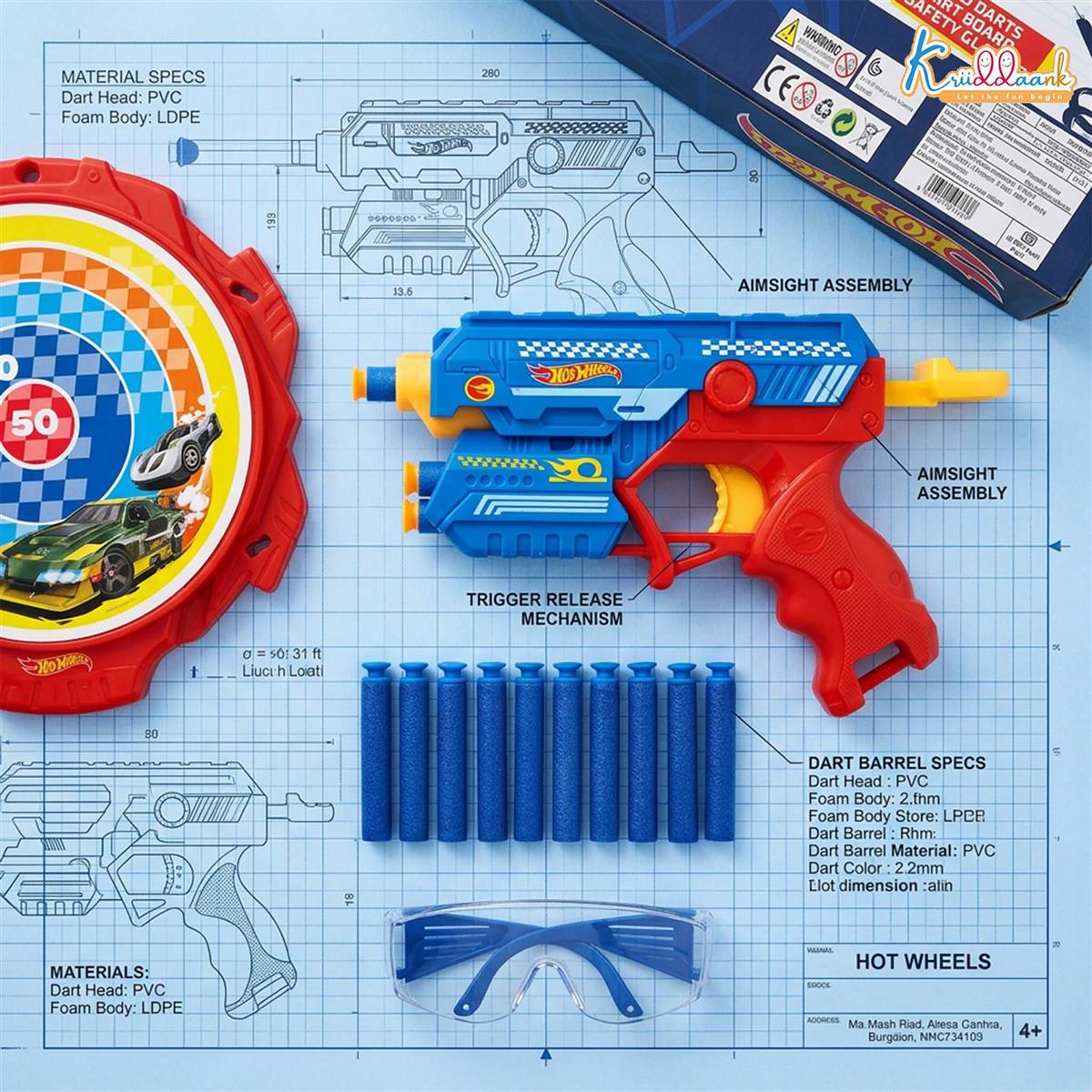 Hot Wheels Blaster Gun Toy for Kids - Soft Bullet Foam Blaster with 10 Darts, Target Board & Safety Glasses - Action Shooting Game Toy for Boys & Girls Age 4+ (Blue)
