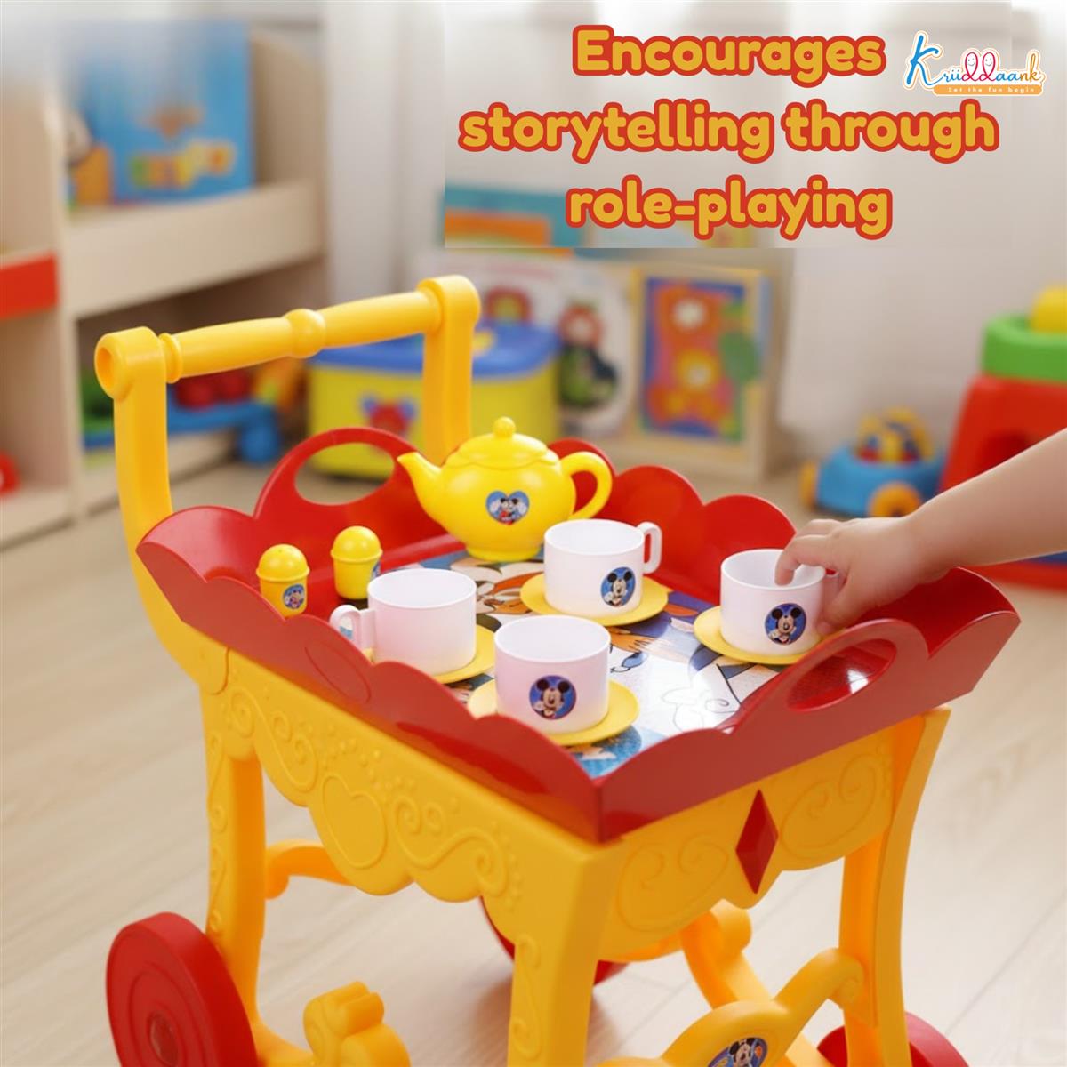 Mickey Tea Trolley - 32 Pcs Disney Character Pretend Play Tea Set for Kids with Lights, Sounds, Electronic Kettle & Saucers, Fun Educational Kitchen Toy for Boys & Girls Age 3+, Red