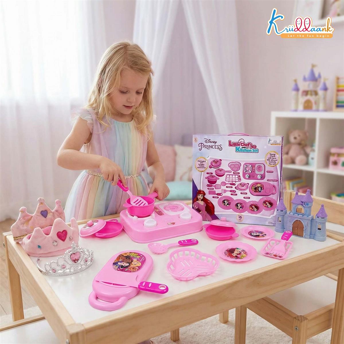 Kriiddaank Princess Little Chef Kitchen Set for Kids - 16 Pcs Pretend Play Cooking & Baking Playset with Light & Sound, Battery Operated Toy Stove, Portable Pink Kitchen for Girls & Toddlers Ages 3+