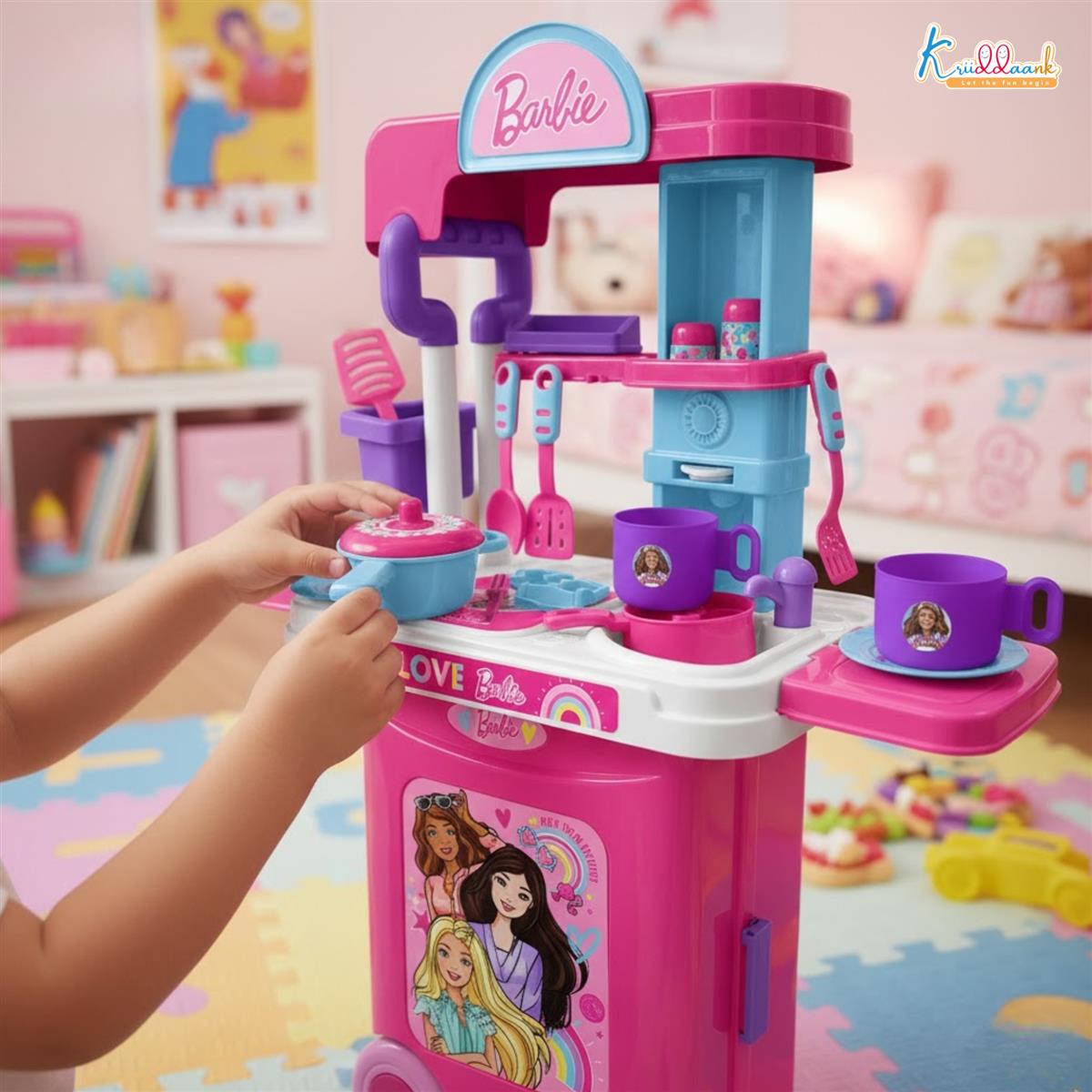 Kriiddaank Mattel Barbie Kitchen Set - Portable 2-in-1 Trolley Playset with Lights, Sound & 20 Accessories for Girls - Realistic Cooking & Baking Toy Gift for Kids 3+ Years