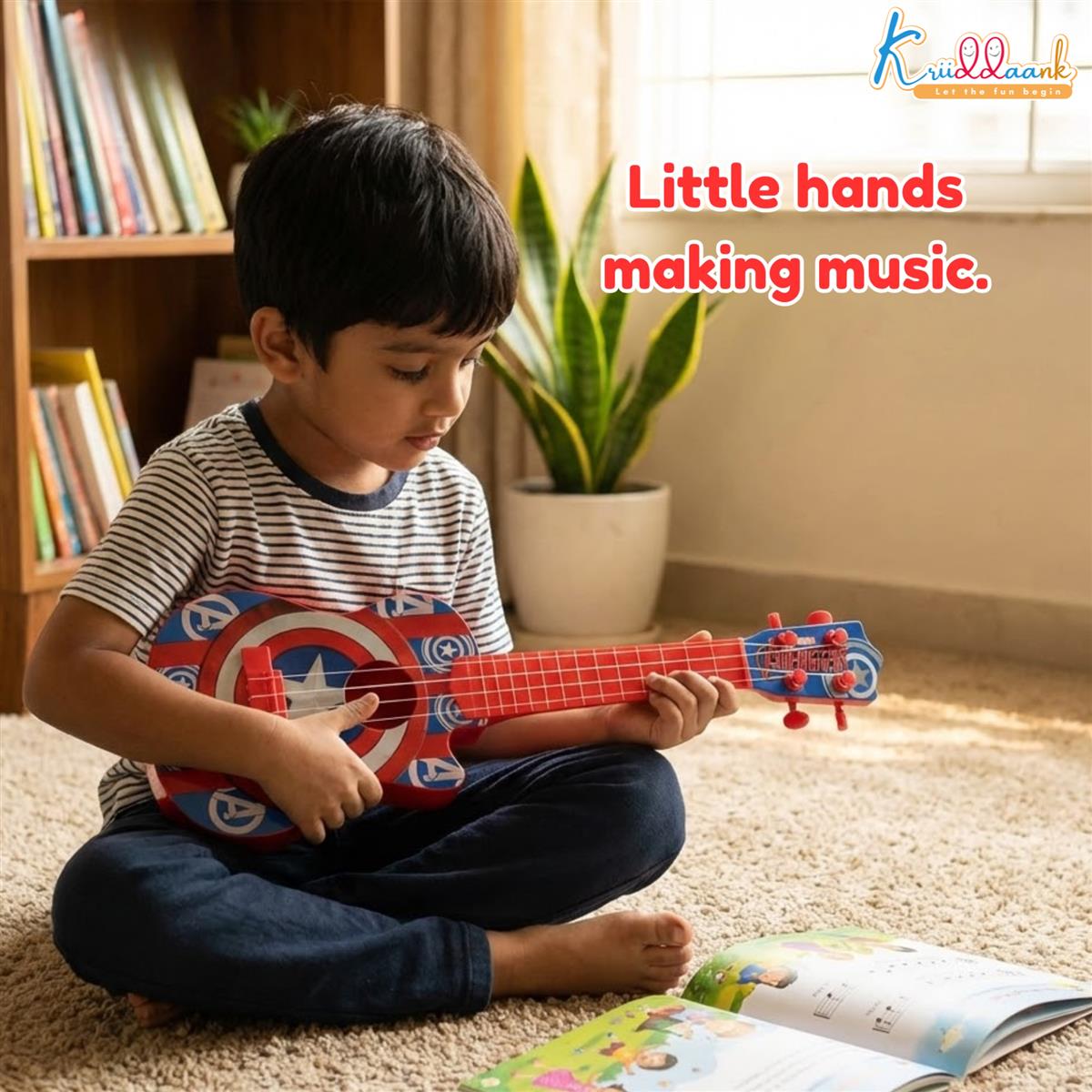Marvel Avenger Theme 4-String Guitar for Kids - Small Electric & Classical Style Toy Instrument for Beginners - Fun Educational Musical Toy for Boys & Girls Age 3+ - Red