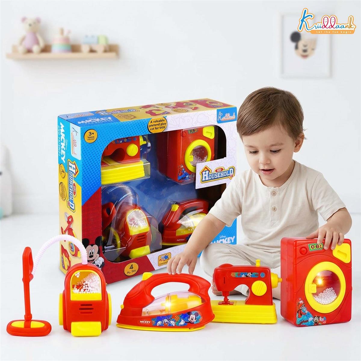 Disney Mickey Mini Household Set (4pcs) - Toy Hair Dryer, Vacuum Cleaner, Washing Machine & Iron - Battery Operated Role Play Set for Kids 3+ - Fun & Educational Red/Multicolor Gift