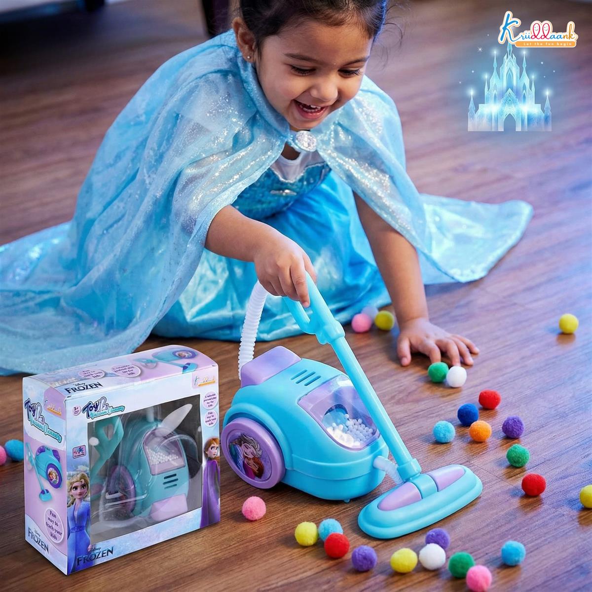 Frozen Theme Mini Vacuum Cleaner Toy for Kids - Battery-Operated Educational Pretend Play Cleaning Set with Lights, Turkish Blue, Safe & Interactive Housekeeping Toy for Boys & Girls Ages 3+