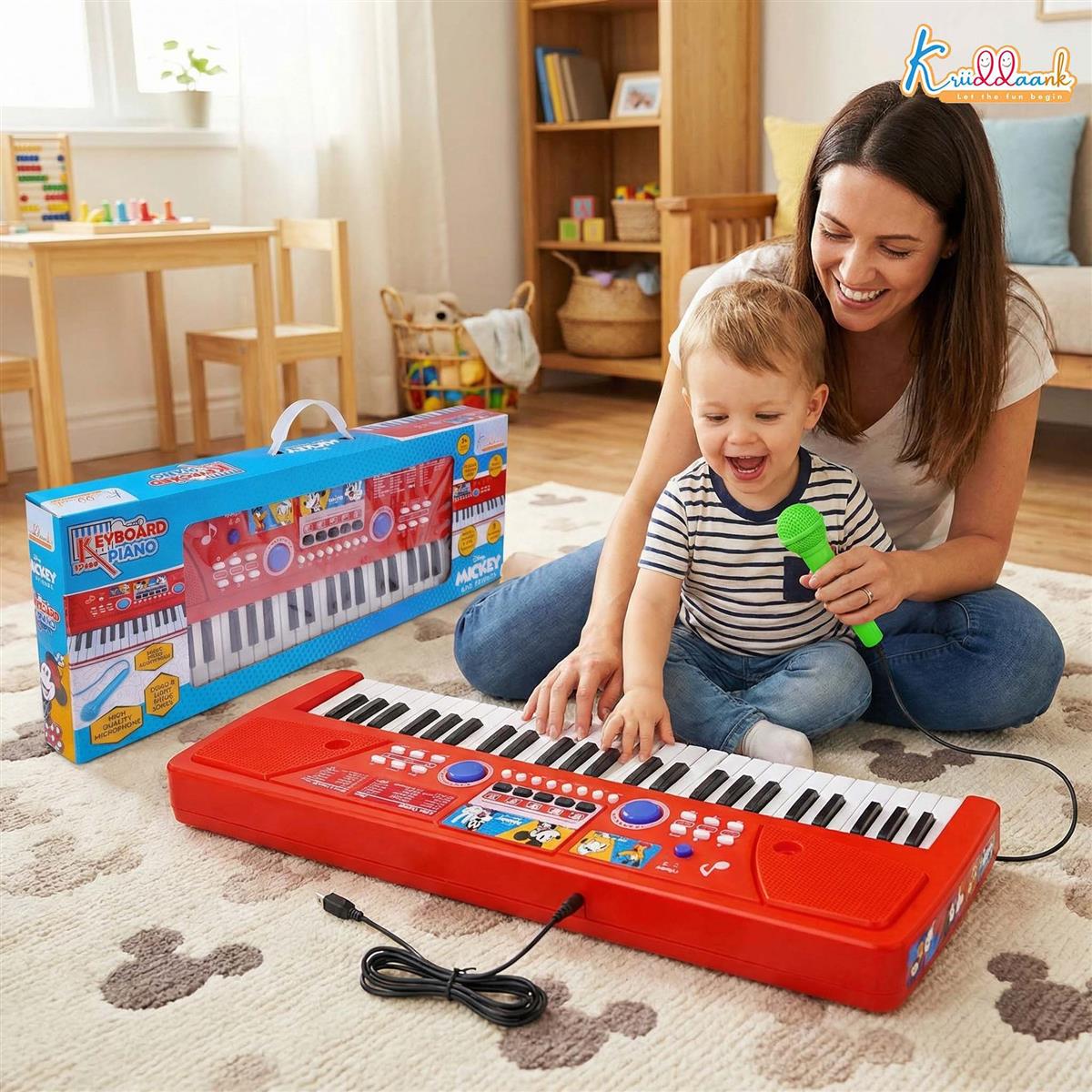 Mickey Theme Kids Keyboard Piano with Microphone - 37 Keys, 8 Instrument Sounds, 16 Rhythms, Dual Power (USB/Battery), Educational Musical Toy for Toddlers Boys Girls Age 3+ - Red KD-500-MK