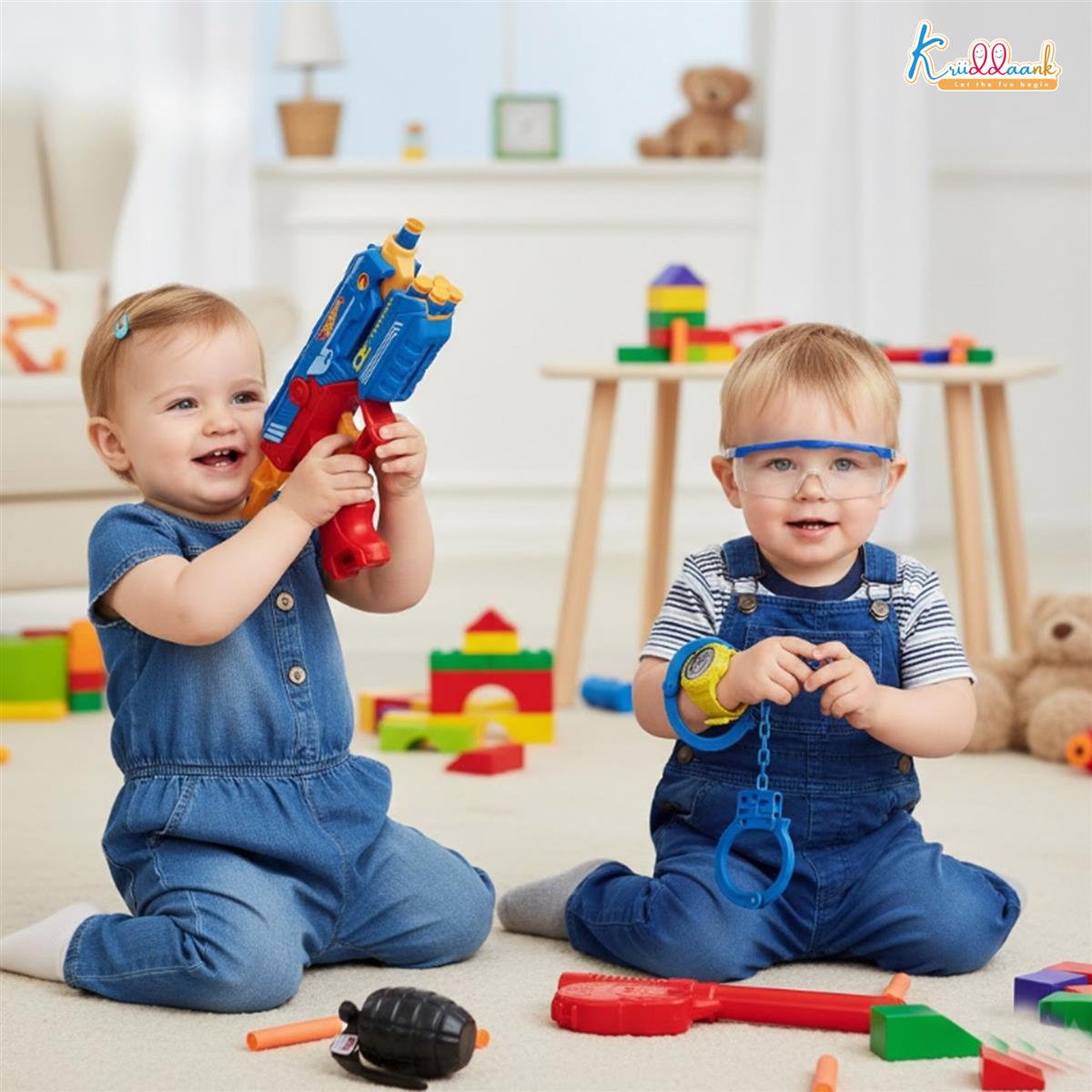 Kriiddaank Police City Hero Blaster Play Set for Kids 4+ - Complete Police Kit with Toy Gun, 10 Soft Darts, Handcuffs, Badge, Walkie-Talkie, Police Baton & Accessories - Blue Role Play Toy Set
