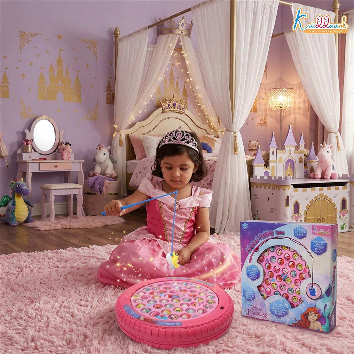 Princess Musical Fishing Game for Kids - Electronic Rotating Board with 45 Fishes & 4 Poles, Pink Ocean Theme Educational Toy, Battery Operated Interactive Fun for Girls & Boys Age 3+