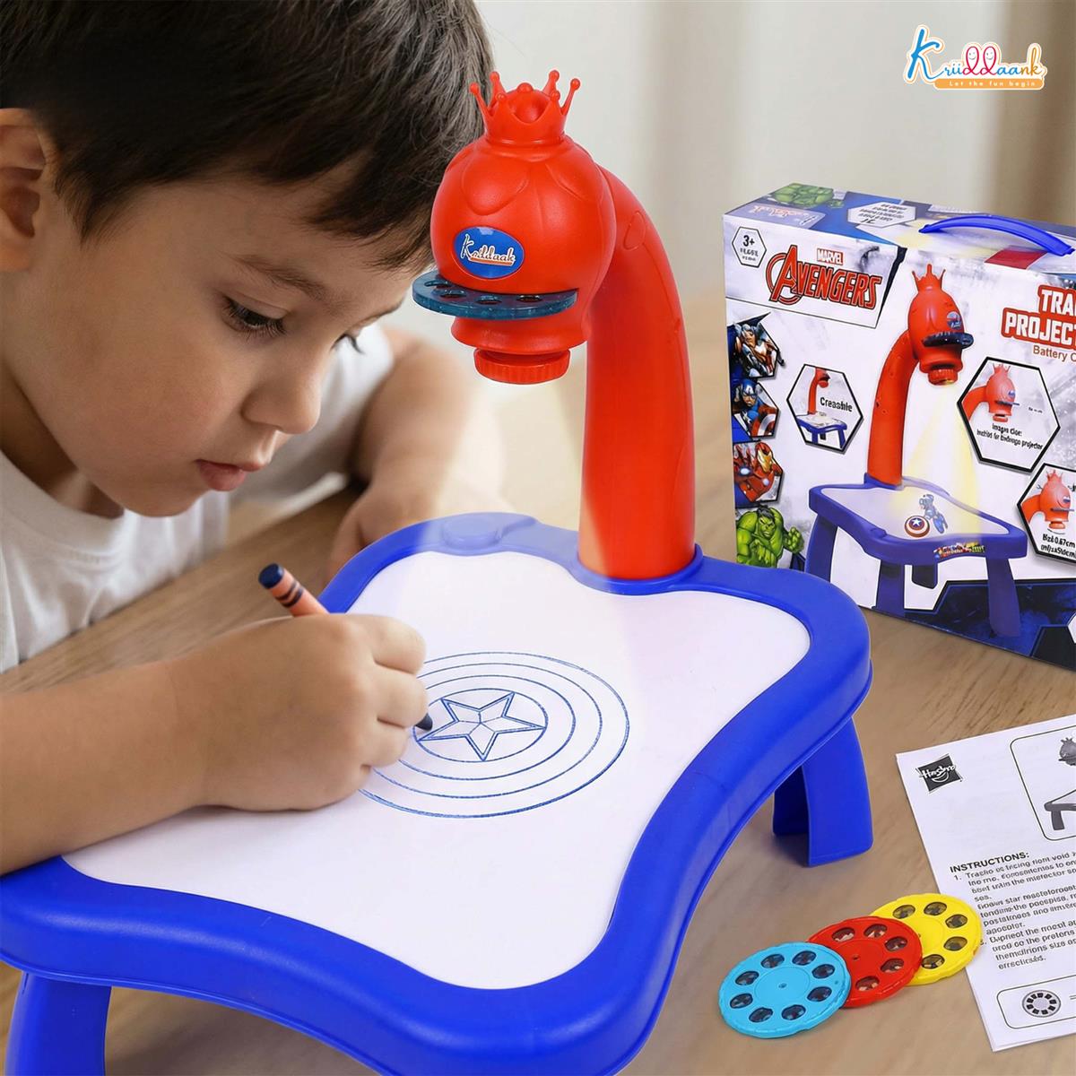Kriiddaank Avengers Tracing Projector Drawing Set for Kids - Art & Craft Learning Kit with 24 Patterns, 3 Slides & Adjustable Focus - Erasable Drawing Board, Educational Toy for Ages 3+
