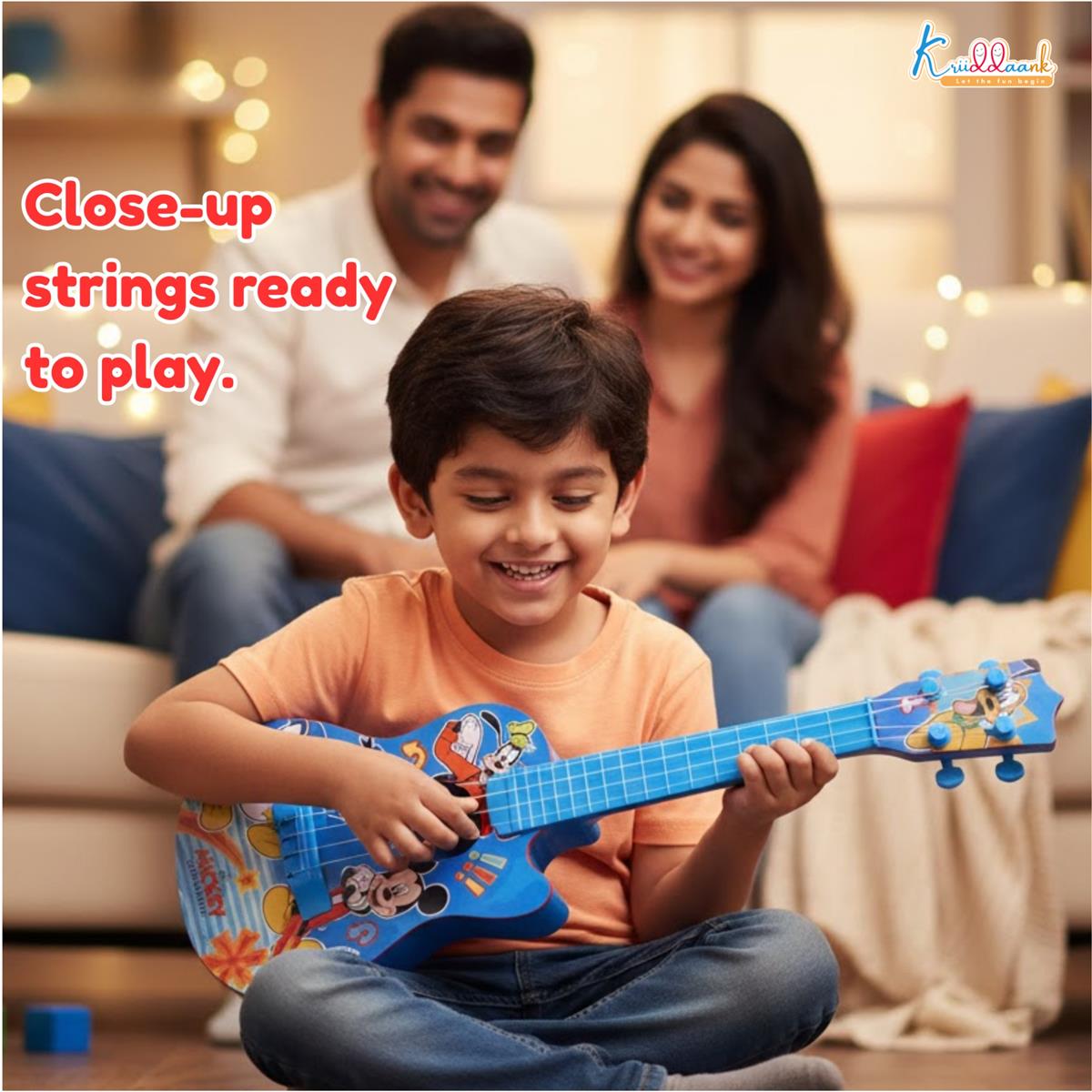 Disney Mickey Mouse Small Guitar for Kids - 4 String Toy Musical Instrument with Adjustable Tension, Fingerstyle Tab & Pick - Portable, Safe & Educational Gift for Boys & Girls Ages 3+