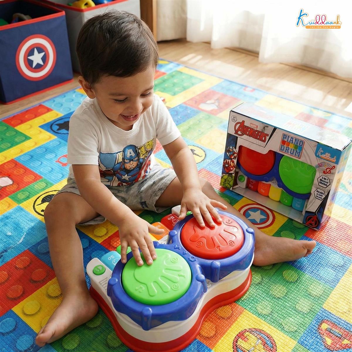 Marvel Avengers 2-in-1 Piano Drum Musical Toy for Kids | Interactive Electric Instrument with 3D Lights & Music | Educational Birthday Gift for Boys & Girls 3+ Years | Durable & Safe Play